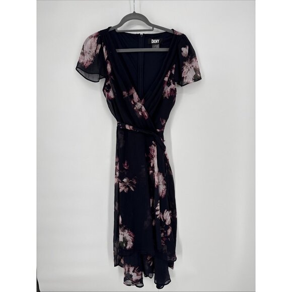 New DKNY Womens Size 8 Navy Floral Flutter-Sleeve Faux-Wrap Midi Dress $129 - Picture 5 of 12